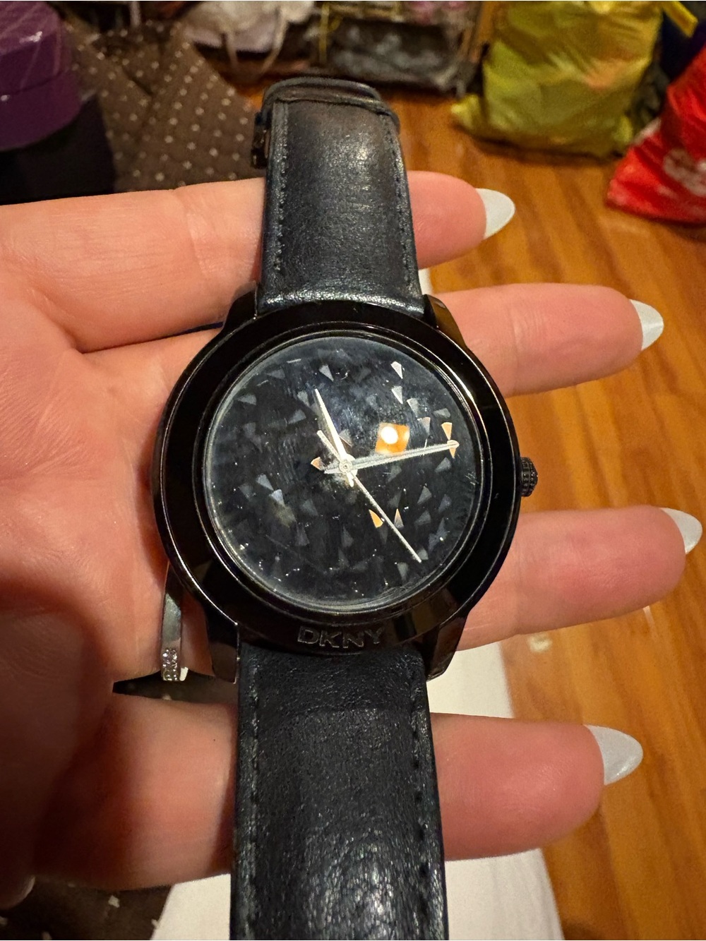 Dkny Black Women's Leather Strap Watch with Crystal Face